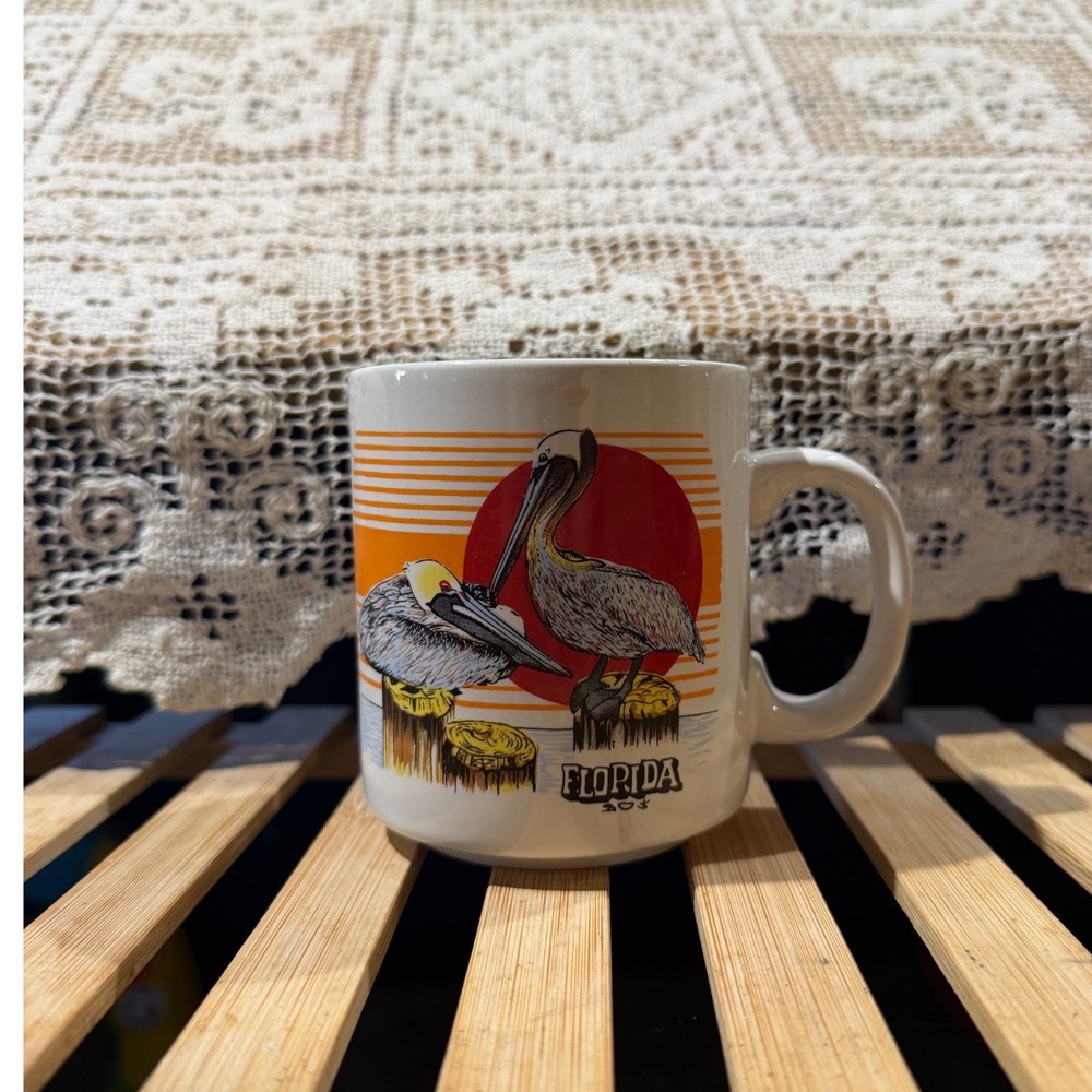 Vintage Florida Souvenir Coffee Mug w/ Pelicans & Coastal Sunset